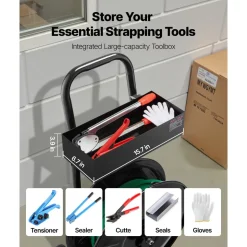 VEVOR Banding Strapping Cart, Fit for PET / PP / Polyester Strapping Coils with 8 inches Core Size, Heavy Duty Strapping Dispenser Equipped with Upgrade Brake System, Built-in Spacious Tray for Tools