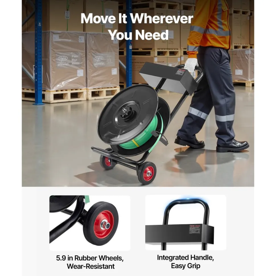 VEVOR Banding Strapping Cart, Fit for PET / PP / Polyester Strapping Coils with 8 inches Core Size, Heavy Duty Strapping Dispenser Equipped with Upgrade Brake System, Built-in Spacious Tray for Tools