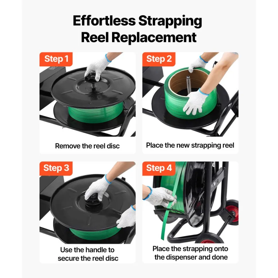VEVOR Banding Strapping Cart, Fit for PET / PP / Polyester Strapping Coils with 8 inches Core Size, Heavy Duty Strapping Dispenser Equipped with Upgrade Brake System, Built-in Spacious Tray for Tools
