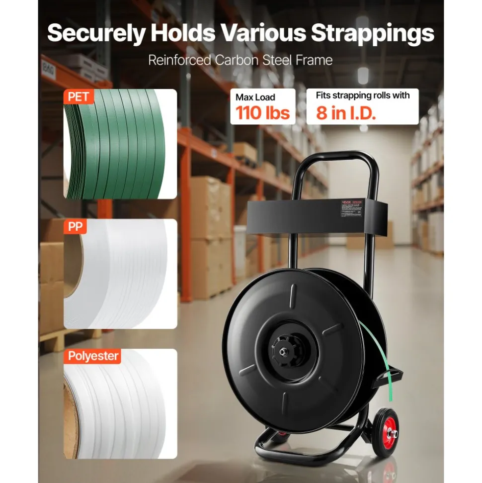 VEVOR Banding Strapping Cart, Fit for PET / PP / Polyester Strapping Coils with 8 inches Core Size, Heavy Duty Strapping Dispenser Equipped with Upgrade Brake System, Built-in Spacious Tray for Tools