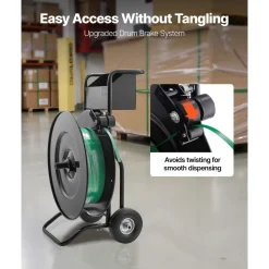 VEVOR Banding Strapping Cart, Fit for PET / PP / Steel Strap Coils with 8 or 16 inches Core Size, Heavy Duty Strapping Dispenser Equipped with Upgrade Drum Brake, Built-in Spacious Tray for Tools