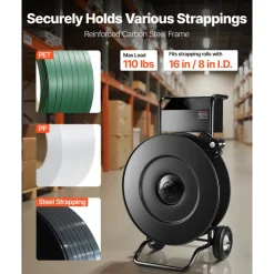 VEVOR Banding Strapping Cart, Fit for PET / PP / Steel Strap Coils with 8 or 16 inches Core Size, Heavy Duty Strapping Dispenser Equipped with Upgrade Drum Brake, Built-in Spacious Tray for Tools
