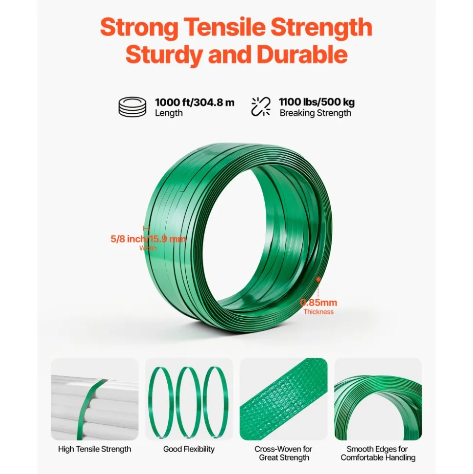 VEVOR Banding Strapping Kit, Heavy Duty Banding Sealer Tool with 1000 ft Length PET Band, 300 Metal Seals, Plastic Manual Pallet Packaging Strapping Kit for Warehouse/Shipping/Moving/Home, Orange