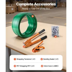 VEVOR Banding Strapping Kit, Heavy Duty Banding Sealer Tool with 1000 ft Length PET Band, 300 Metal Seals, Plastic Manual Pallet Packaging Strapping Kit for Warehouse/Shipping/Moving/Home, Orange
