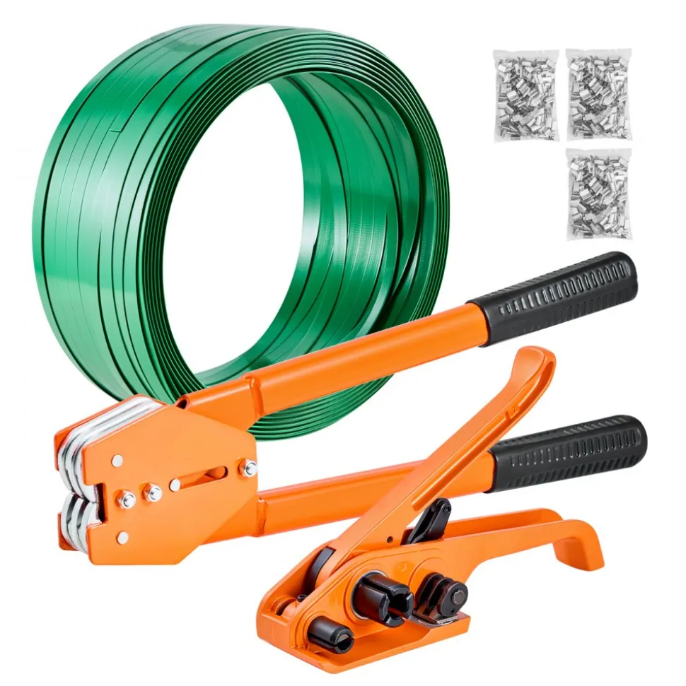 VEVOR Banding Strapping Kit, Heavy Duty Banding Sealer Tool with 1000 ft Length PET Band, 300 Metal Seals, Plastic Manual Pallet Packaging Strapping Kit for Warehouse/Shipping/Moving/Home, Orange