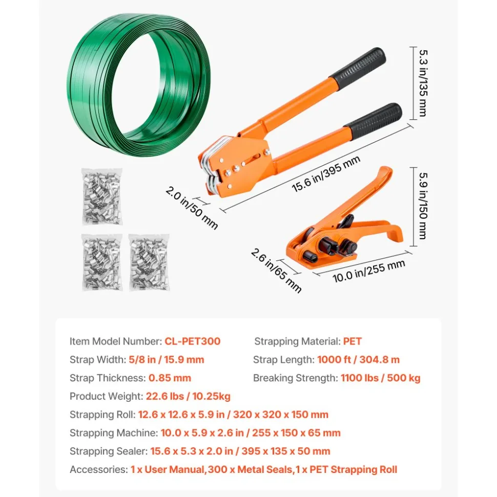 VEVOR Banding Strapping Kit, Heavy Duty Banding Sealer Tool with 1000 ft Length PET Band, 300 Metal Seals, Plastic Manual Pallet Packaging Strapping Kit for Warehouse/Shipping/Moving/Home, Orange
