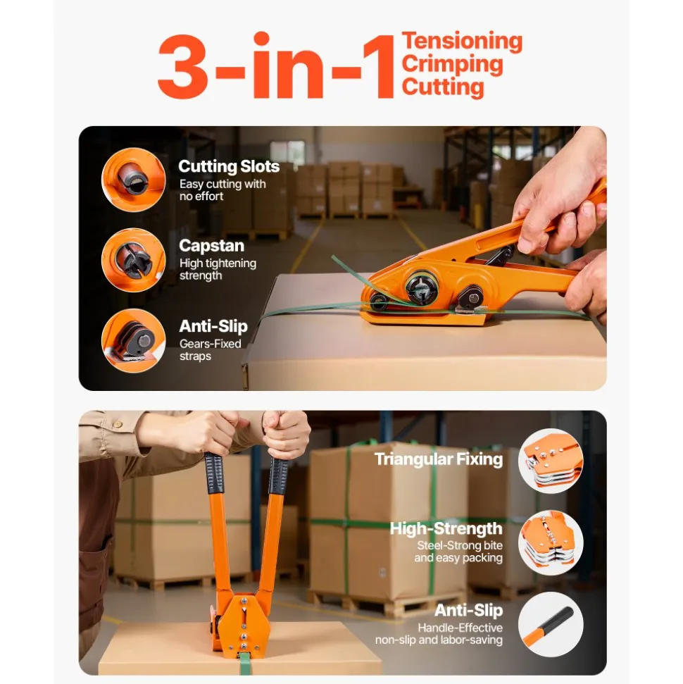 VEVOR Banding Strapping Kit, Heavy Duty Banding Sealer Tool with 1000 ft Length PET Band, 300 Metal Seals, Plastic Manual Pallet Packaging Strapping Kit for Warehouse/Shipping/Moving/Home, Orange
