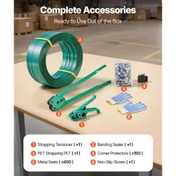 VEVOR Banding Strapping Kit, Heavy Duty Banding Sealer Tool with 1500 ft PET Band, 450 Metal Seals, 150 Corner Protectors & Gloves, Plastic Pallet Packaging Strapping Kit for Warehouse/Shipping/Moving