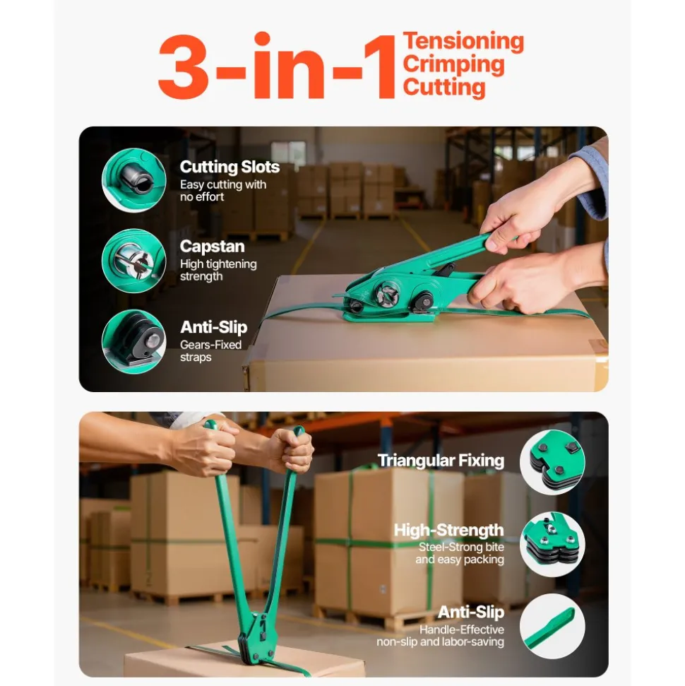 VEVOR Banding Strapping Kit, Heavy Duty Banding Sealer Tool with 1500 ft PET Band, 450 Metal Seals, 150 Corner Protectors & Gloves, Plastic Pallet Packaging Strapping Kit for Warehouse/Shipping/Moving