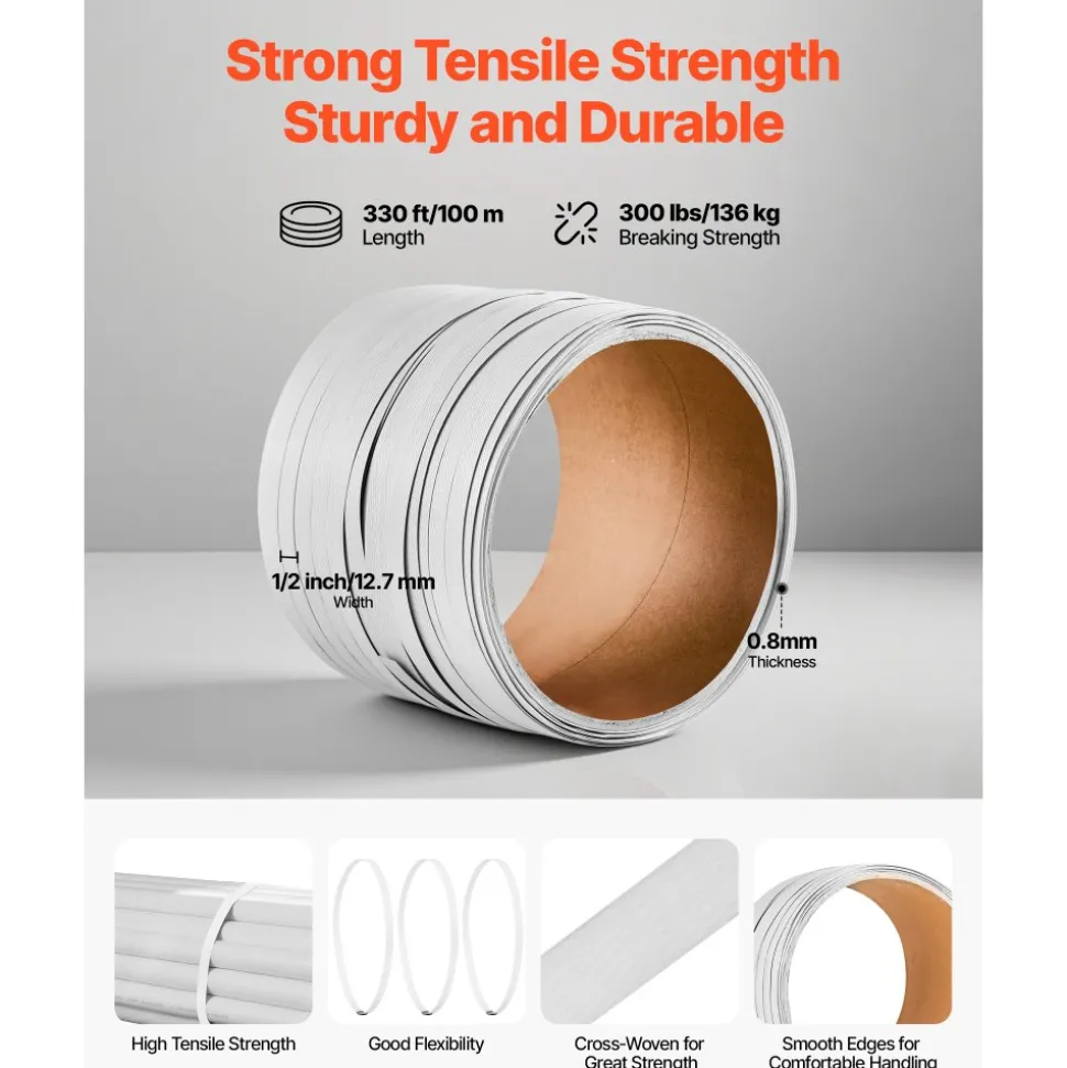 VEVOR Banding Strapping Kit, Heavy Duty Banding Sealer Tool with 330 ft Length PP Band, 100 Metal Seals, Plastic Manual Pallet Packaging Strapping Kit for Warehouse/Shipping/Moving/Home, Orange