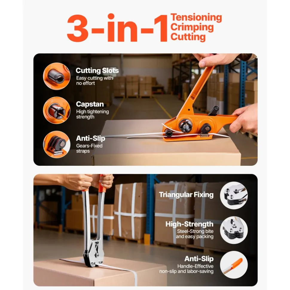 VEVOR Banding Strapping Kit, Heavy Duty Banding Sealer Tool with 330 ft Length PP Band, 100 Metal Seals, Plastic Manual Pallet Packaging Strapping Kit for Warehouse/Shipping/Moving/Home, Orange