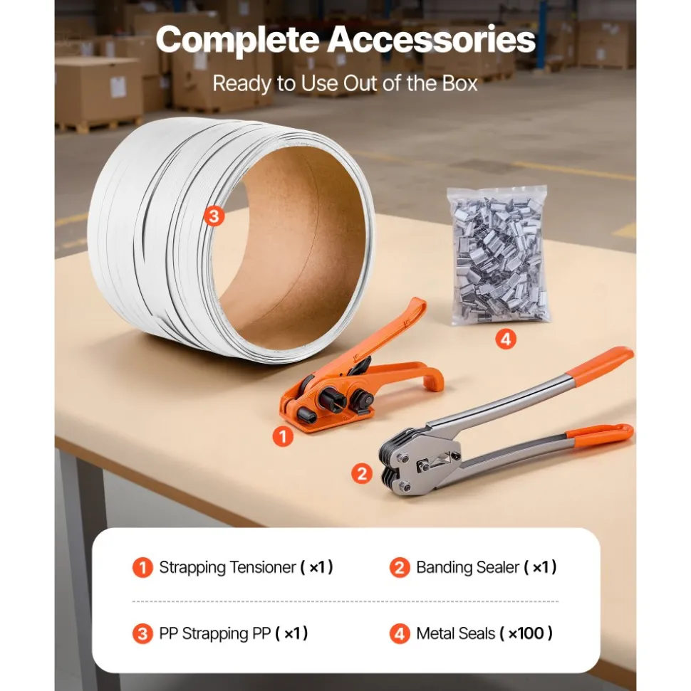 VEVOR Banding Strapping Kit, Heavy Duty Banding Sealer Tool with 330 ft Length PP Band, 100 Metal Seals, Plastic Manual Pallet Packaging Strapping Kit for Warehouse/Shipping/Moving/Home, Orange