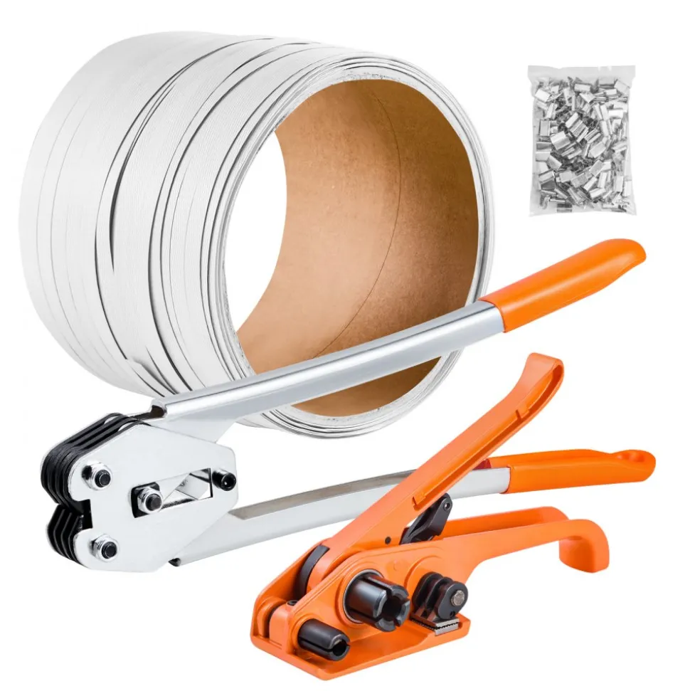 VEVOR Banding Strapping Kit, Heavy Duty Banding Sealer Tool with 330 ft Length PP Band, 100 Metal Seals, Plastic Manual Pallet Packaging Strapping Kit for Warehouse/Shipping/Moving/Home, Orange