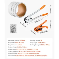 VEVOR Banding Strapping Kit, Heavy Duty Banding Sealer Tool with 330 ft Length PP Band, 100 Metal Seals, Plastic Manual Pallet Packaging Strapping Kit for Warehouse/Shipping/Moving/Home, Orange