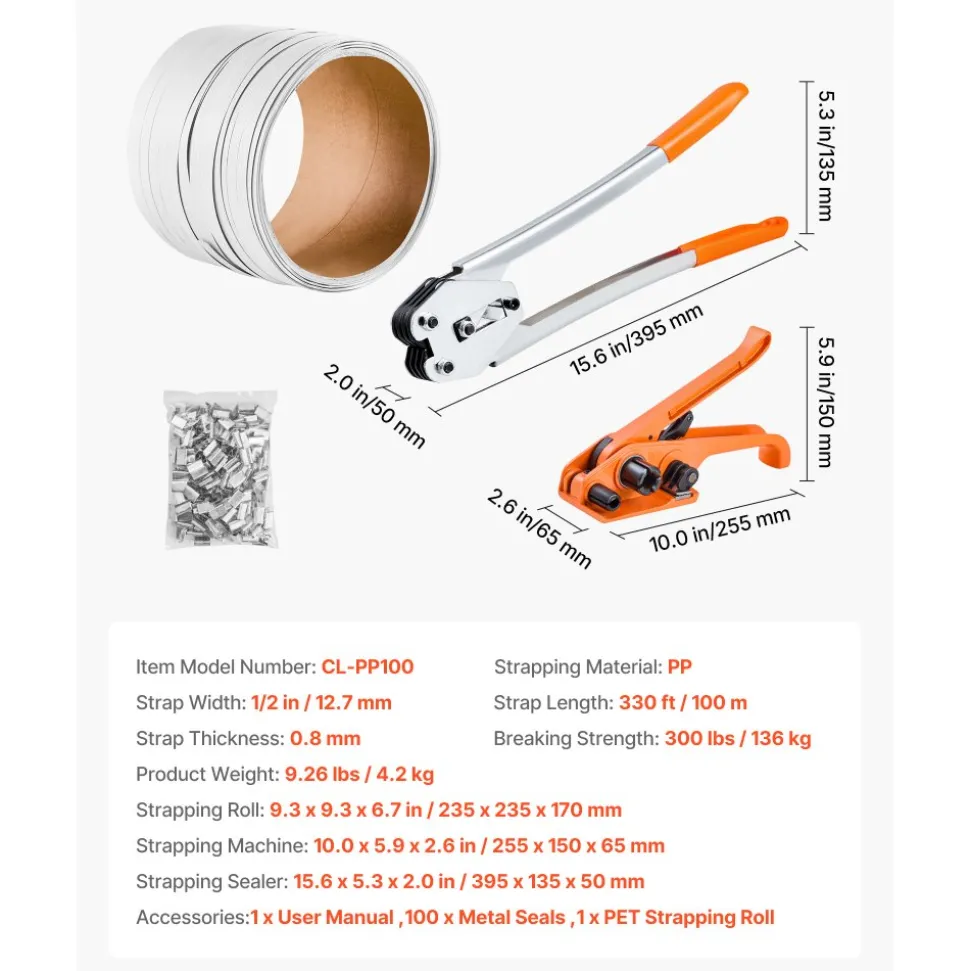 VEVOR Banding Strapping Kit, Heavy Duty Banding Sealer Tool with 330 ft Length PP Band, 100 Metal Seals, Plastic Manual Pallet Packaging Strapping Kit for Warehouse/Shipping/Moving/Home, Orange