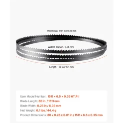 VEVOR Bandsaw Blade, 60 Inch Length, 6 TPI Band Saw Blade with 15 HRC Hardened Sharp Teeth, SK5 High-Strength Carbon Steel, 0.25 Inch Width, Replacement for Major Woodworking Band Saw Brands, 1 Pack
