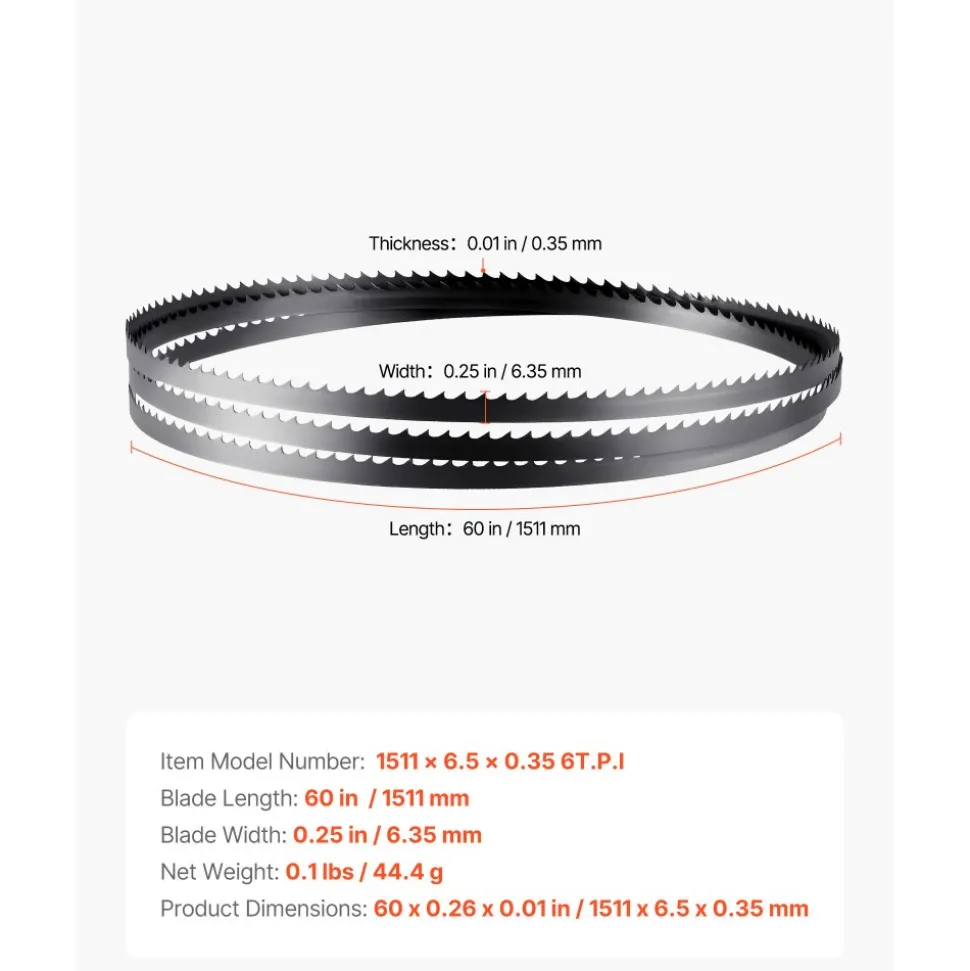 VEVOR Bandsaw Blade, 60 Inch Length, 6 TPI Band Saw Blade with 15 HRC Hardened Sharp Teeth, SK5 High-Strength Carbon Steel, 0.25 Inch Width, Replacement for Major Woodworking Band Saw Brands, 1 Pack