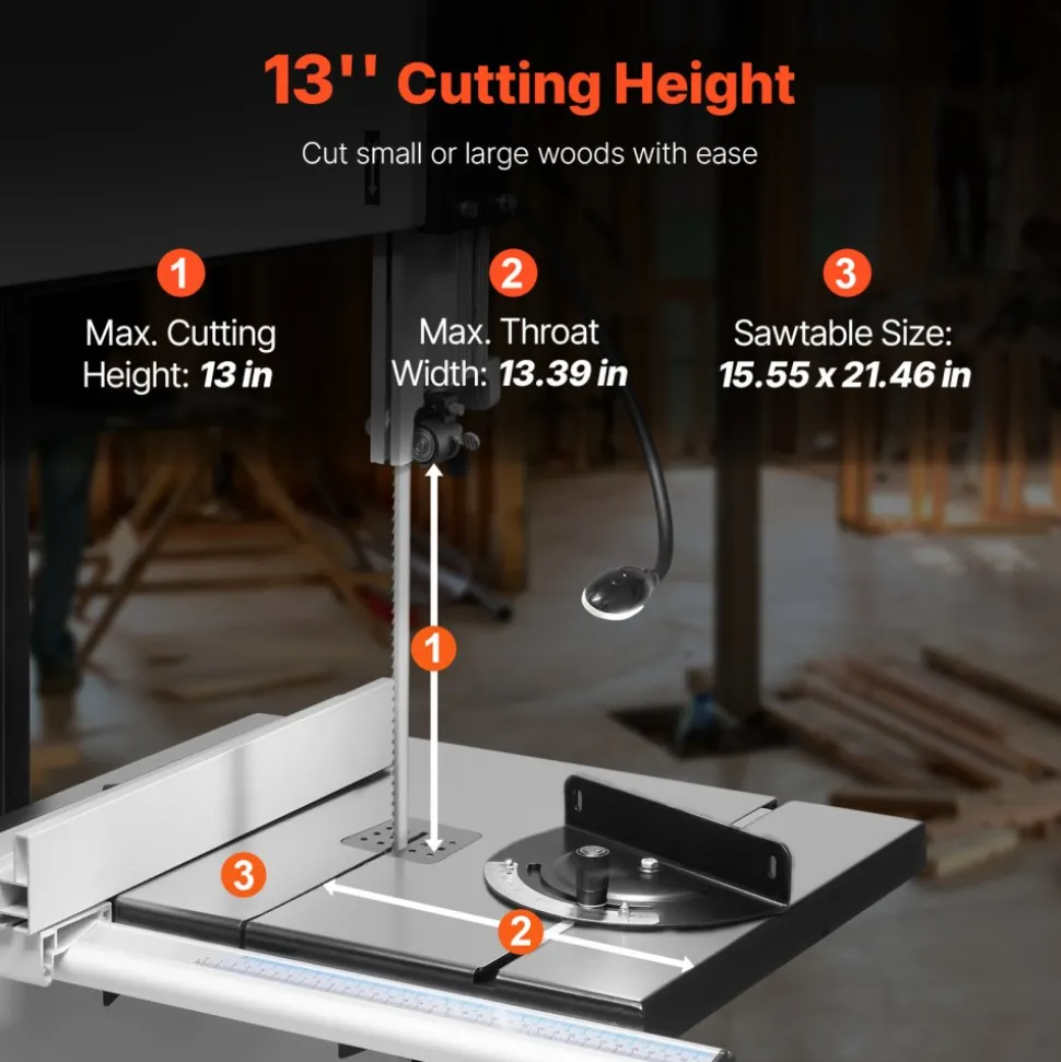 VEVOR Band Saw, 13.39-Inch, Benchtop Bandsaw with Stand, 440-846 RPM Continuously Viable Speed, 1100W 1-1/2HP, 110V, Optimized Work Light, and Miter Gauge, for Woodworking Aluminum Wood Metal Copper