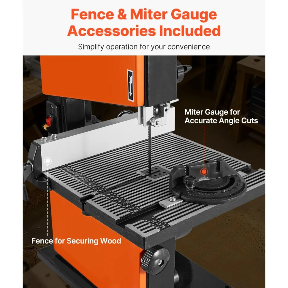 VEVOR Band Saw, 9-Inch, Woodworking Benchtop Bandsaw with 1/2 HP Motor, 3.5-Inch Max Cutting Height, 11.8 x 11.8 in Cast Aluminum Table, 0-45° Tilting Range, with Miter Gauge, Fence, for Woodworking