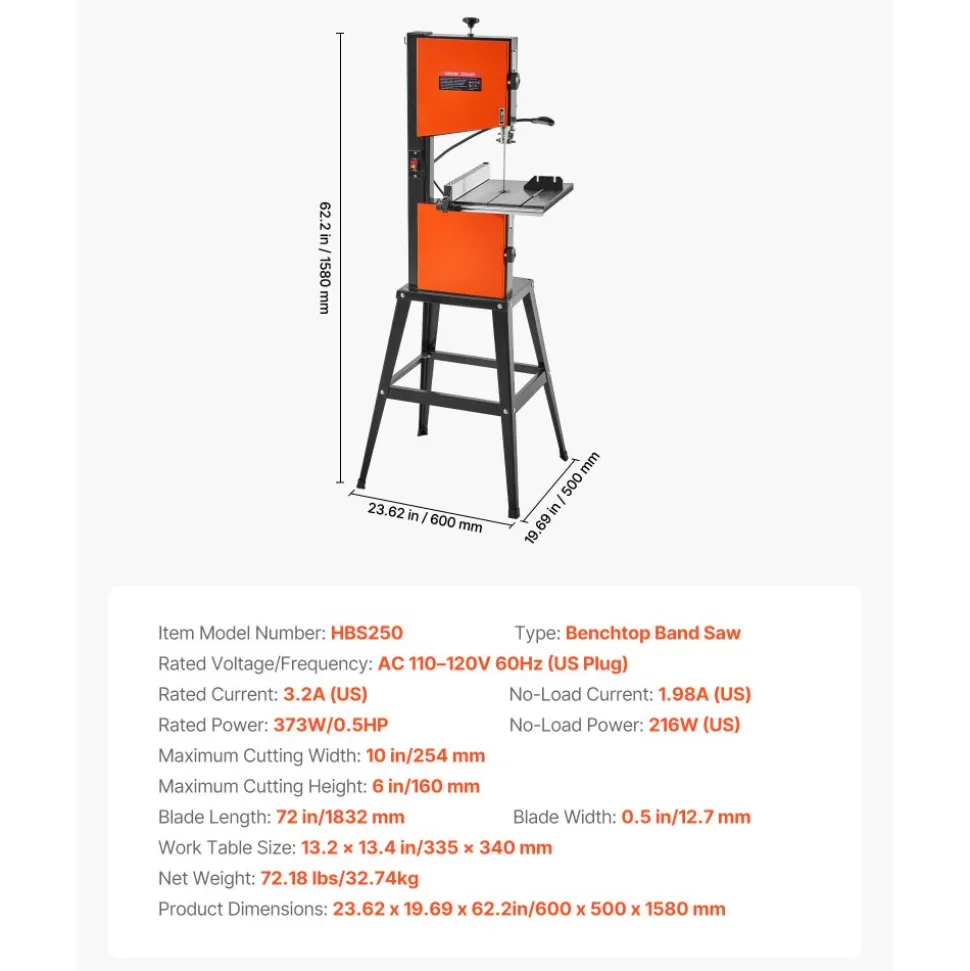 VEVOR Band Saw with Stand, 10-Inch, Two-Speed Benchtop Bandsaw, 373W 1/2 HP, 6 in Max Cutting Height, 13.2 x 13.4 in Cast Iron Table, with 360° Work Light, Miter Gauge, Fence, Band Saw for Woodworking