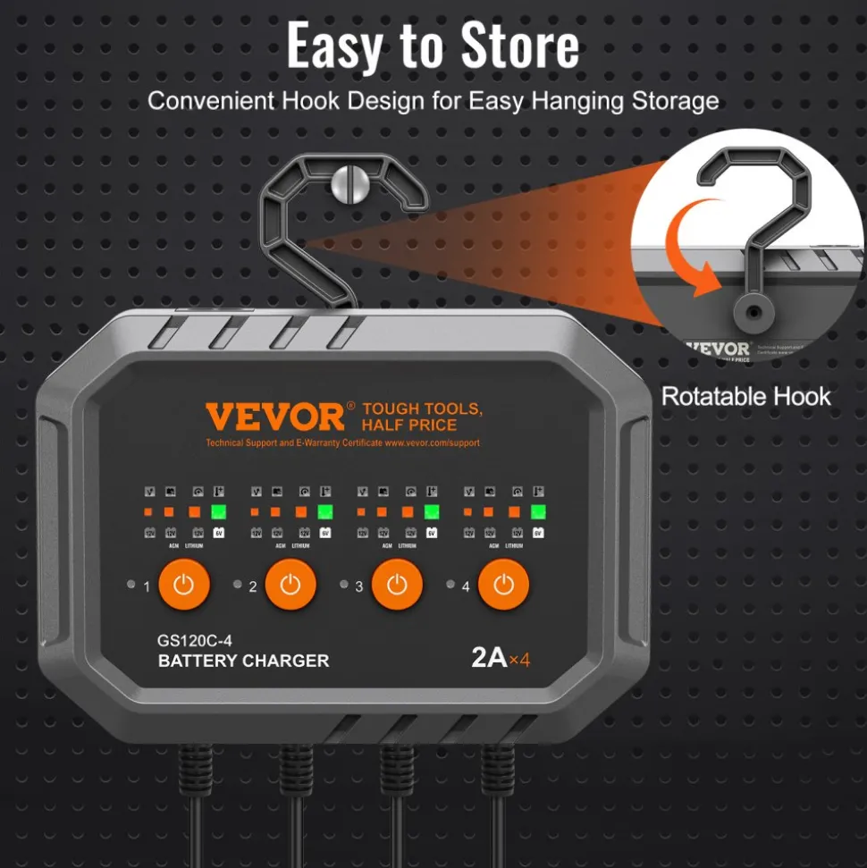 VEVOR 4-Bank Smart Battery Charger, 8A Total, 2A per Bank, for 6V/12V LiFePO4 and Lead-Acid AGM/Gel/SLA Batteries up to 40Ah, Automatic Charger Maintainer for Motorcycle, ATV and Lawn Mower