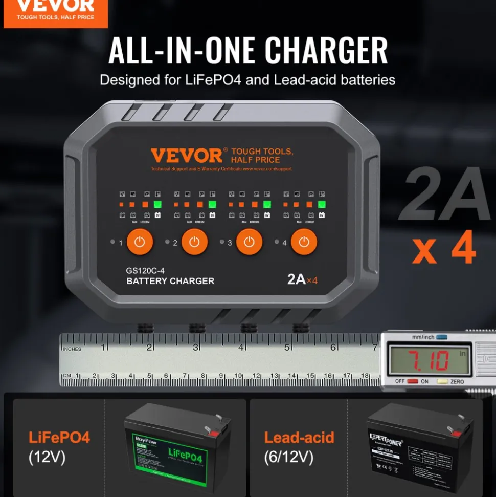 VEVOR 4-Bank Smart Battery Charger, 8A Total, 2A per Bank, for 6V/12V LiFePO4 and Lead-Acid AGM/Gel/SLA Batteries up to 40Ah, Automatic Charger Maintainer for Motorcycle, ATV and Lawn Mower
