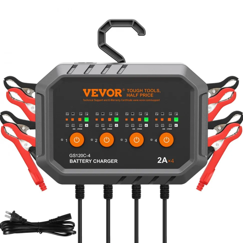 VEVOR 4-Bank Smart Battery Charger, 8A Total, 2A per Bank, for 6V/12V LiFePO4 and Lead-Acid AGM/Gel/SLA Batteries up to 40Ah, Automatic Charger Maintainer for Motorcycle, ATV and Lawn Mower