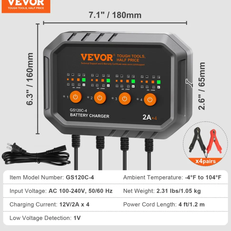 VEVOR 4-Bank Smart Battery Charger, 8A Total, 2A per Bank, for 6V/12V LiFePO4 and Lead-Acid AGM/Gel/SLA Batteries up to 40Ah, Automatic Charger Maintainer for Motorcycle, ATV and Lawn Mower