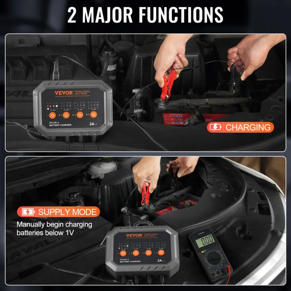 VEVOR 4-Bank Smart Battery Charger, 8A Total, 2A per Bank, for 6V/12V LiFePO4 and Lead-Acid AGM/Gel/SLA Batteries up to 40Ah, Automatic Charger Maintainer for Motorcycle, ATV and Lawn Mower