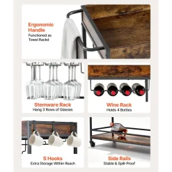 VEVOR Bar Cart, 3 Tiers Home Kitchen Serving Carts, Modern Rolling Utility Station on Wheels, Drink Beverage Trolley with Tempered Glass Shelves, Wine Rack, Glass Holder, for Living Dining Room, Gold