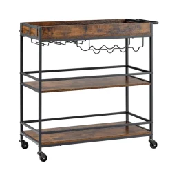 VEVOR Bar Cart, 3 Tiers Home Kitchen Serving Carts, Modern Rolling Utility Station on Wheels, Drink Beverage Trolley with Tempered Glass Shelves, Wine Rack, Glass Holder, for Living Dining Room, Gold