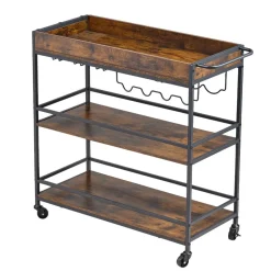 VEVOR Bar Cart, 3 Tiers Home Kitchen Serving Carts, Modern Rolling Utility Station on Wheels, Drink Beverage Trolley with Tempered Glass Shelves, Wine Rack, Glass Holder, for Living Dining Room, Gold