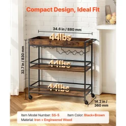 VEVOR Bar Cart, 3 Tiers Home Kitchen Serving Carts, Modern Rolling Utility Station on Wheels, Drink Beverage Trolley with Tempered Glass Shelves, Wine Rack, Glass Holder, for Living Dining Room, Gold