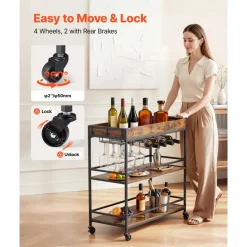 VEVOR Bar Cart, 3 Tiers Home Kitchen Serving Carts, Modern Rolling Utility Station on Wheels, Drink Beverage Trolley with Tempered Glass Shelves, Wine Rack, Glass Holder, for Living Dining Room, Gold