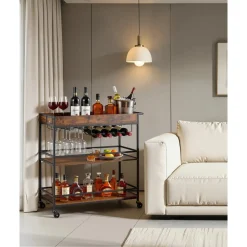 VEVOR Bar Cart, 3 Tiers Home Kitchen Serving Carts, Modern Rolling Utility Station on Wheels, Drink Beverage Trolley with Tempered Glass Shelves, Wine Rack, Glass Holder, for Living Dining Room, Gold