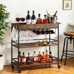 VEVOR Bar Cart, 3 Tiers Home Kitchen Serving Carts, Modern Rolling Utility Station on Wheels, Drink Beverage Trolley with Tempered Glass Shelves, Wine Rack, Glass Holder, for Living Dining Room, Gold