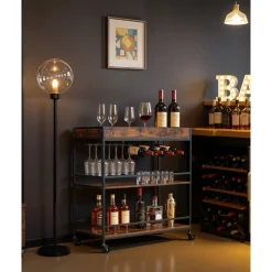 VEVOR Bar Cart, 3 Tiers Home Kitchen Serving Carts, Modern Rolling Utility Station on Wheels, Drink Beverage Trolley with Tempered Glass Shelves, Wine Rack, Glass Holder, for Living Dining Room, Gold