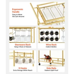 VEVOR Bar Cart, 3 Tiers Home Kitchen Serving Carts, Modern Rolling Utility Station on Wheels, Drink Beverage Trolley with Tempered Glass Shelves, Wine Rack, Glass Holder, for Living Dining Room, Gold