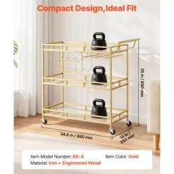 VEVOR Bar Cart, 3 Tiers Home Kitchen Serving Carts, Modern Rolling Utility Station on Wheels, Drink Beverage Trolley with Tempered Glass Shelves, Wine Rack, Glass Holder, for Living Dining Room, Gold