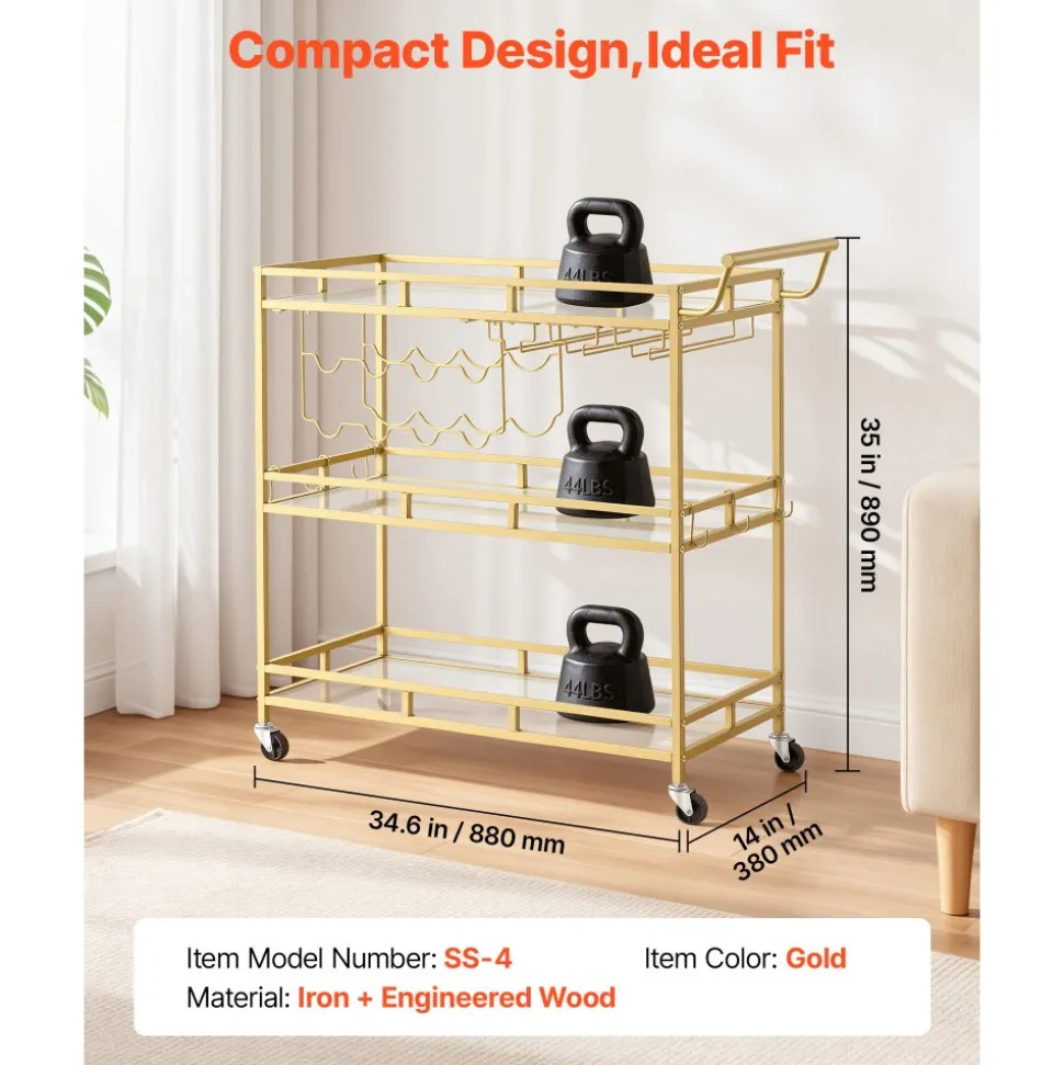 VEVOR Bar Cart, 3 Tiers Home Kitchen Serving Carts, Modern Rolling Utility Station on Wheels, Drink Beverage Trolley with Tempered Glass Shelves, Wine Rack, Glass Holder, for Living Dining Room, Gold