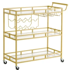 VEVOR Bar Cart, 3 Tiers Home Kitchen Serving Carts, Modern Rolling Utility Station on Wheels, Drink Beverage Trolley with Tempered Glass Shelves, Wine Rack, Glass Holder, for Living Dining Room, Gold