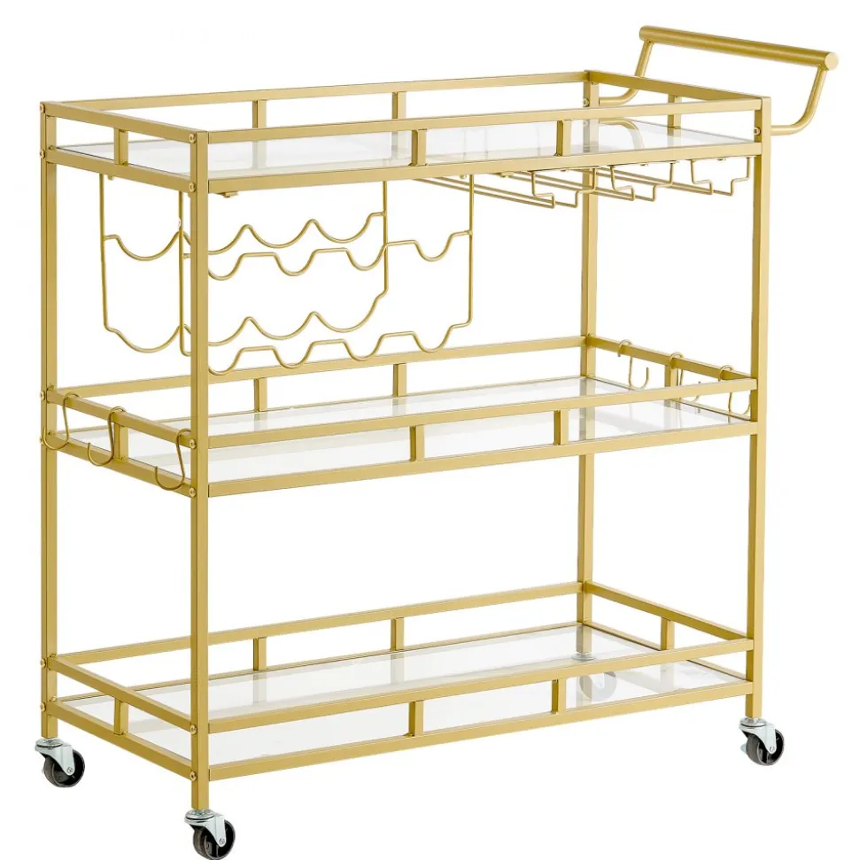 VEVOR Bar Cart, 3 Tiers Home Kitchen Serving Carts, Modern Rolling Utility Station on Wheels, Drink Beverage Trolley with Tempered Glass Shelves, Wine Rack, Glass Holder, for Living Dining Room, Gold