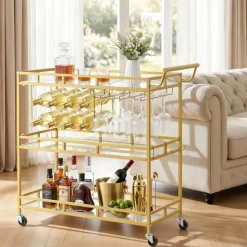 VEVOR Bar Cart, 3 Tiers Home Kitchen Serving Carts, Modern Rolling Utility Station on Wheels, Drink Beverage Trolley with Tempered Glass Shelves, Wine Rack, Glass Holder, for Living Dining Room, Gold