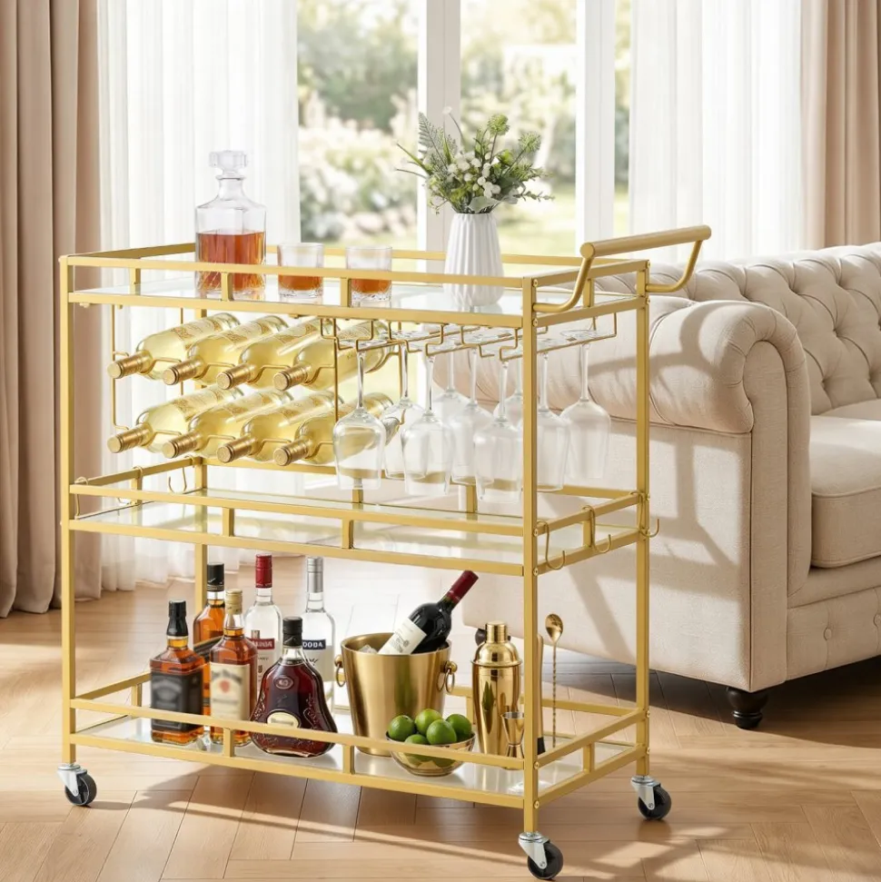 VEVOR Bar Cart, 3 Tiers Home Kitchen Serving Carts, Modern Rolling Utility Station on Wheels, Drink Beverage Trolley with Tempered Glass Shelves, Wine Rack, Glass Holder, for Living Dining Room, Gold