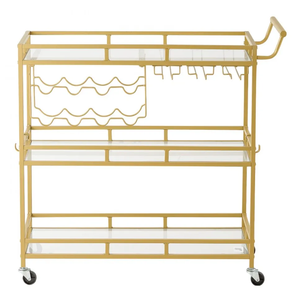 VEVOR Bar Cart, 3 Tiers Home Kitchen Serving Carts, Modern Rolling Utility Station on Wheels, Drink Beverage Trolley with Tempered Glass Shelves, Wine Rack, Glass Holder, for Living Dining Room, Gold