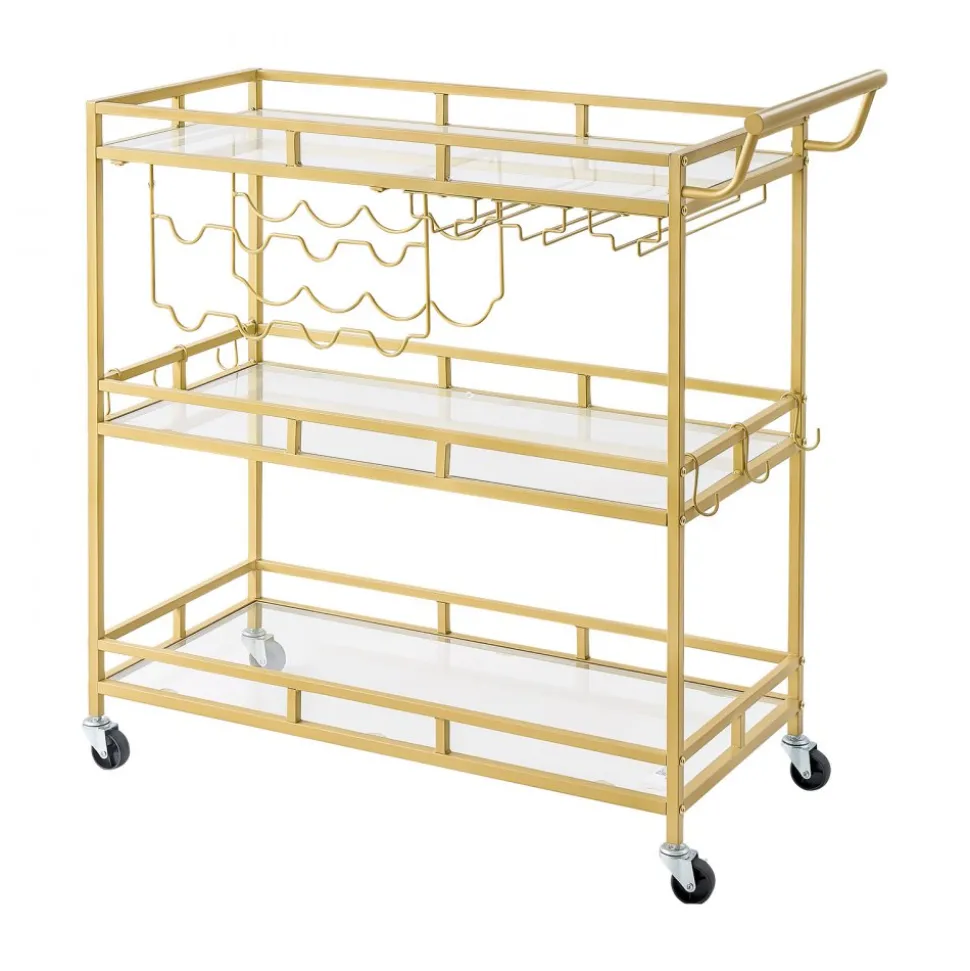 VEVOR Bar Cart, 3 Tiers Home Kitchen Serving Carts, Modern Rolling Utility Station on Wheels, Drink Beverage Trolley with Tempered Glass Shelves, Wine Rack, Glass Holder, for Living Dining Room, Gold