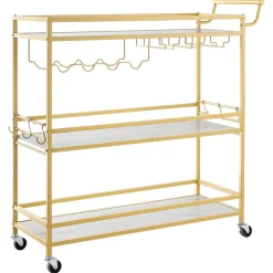 VEVOR Bar Cart, 3 Tiers Home Kitchen Serving Carts, Modern Rolling Utility Station on Wheels, Mobile Drink Beverage Trolley with Wooden Shelf, Wine Rack, and Glass Holder, 35.83x12.99x36.81 in, Gold