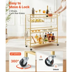 VEVOR Bar Cart, 3 Tiers Home Kitchen Serving Carts, Modern Rolling Utility Station on Wheels, Mobile Drink Beverage Trolley with Wooden Shelf, Wine Rack, and Glass Holder, 35.83x12.99x36.81 in, Gold