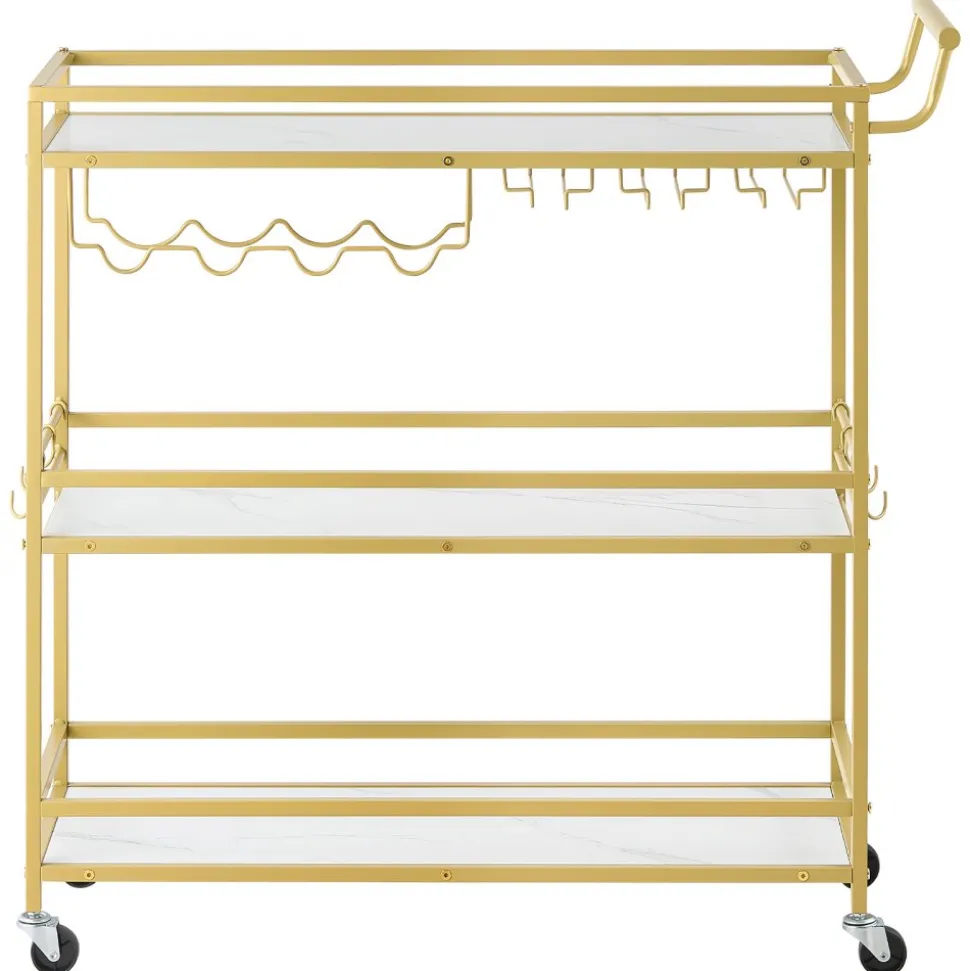 VEVOR Bar Cart, 3 Tiers Home Kitchen Serving Carts, Modern Rolling Utility Station on Wheels, Mobile Drink Beverage Trolley with Wooden Shelf, Wine Rack, and Glass Holder, 35.83x12.99x36.81 in, Gold