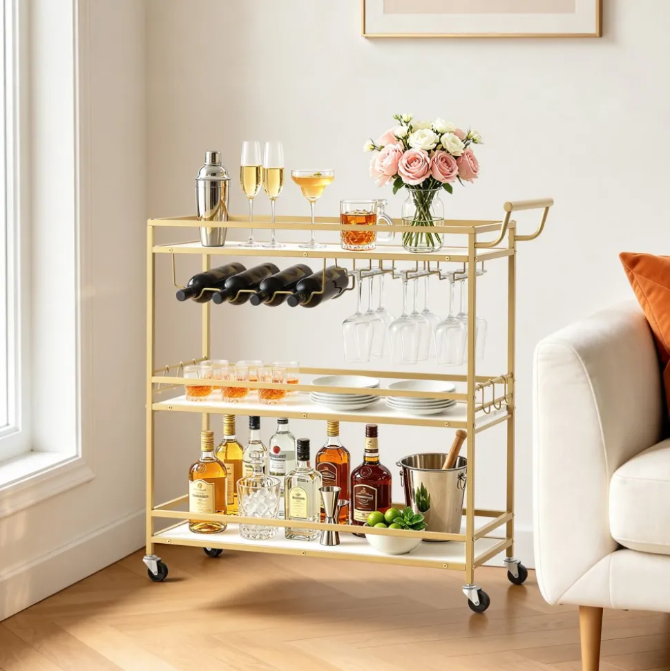 VEVOR Bar Cart, 3 Tiers Home Kitchen Serving Carts, Modern Rolling Utility Station on Wheels, Mobile Drink Beverage Trolley with Wooden Shelf, Wine Rack, and Glass Holder, 35.83x12.99x36.81 in, Gold